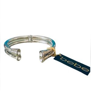 BeBe Silver and Crystal Stacked Tube Open Cuff Bracelet